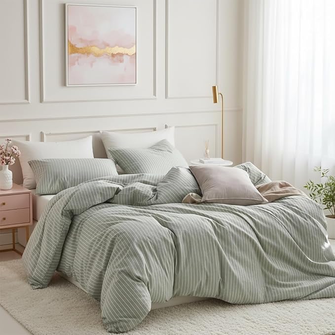 Nayoroom Green Striped Duvet Cover Queen Size 100% Washed Cotton White - Image 2