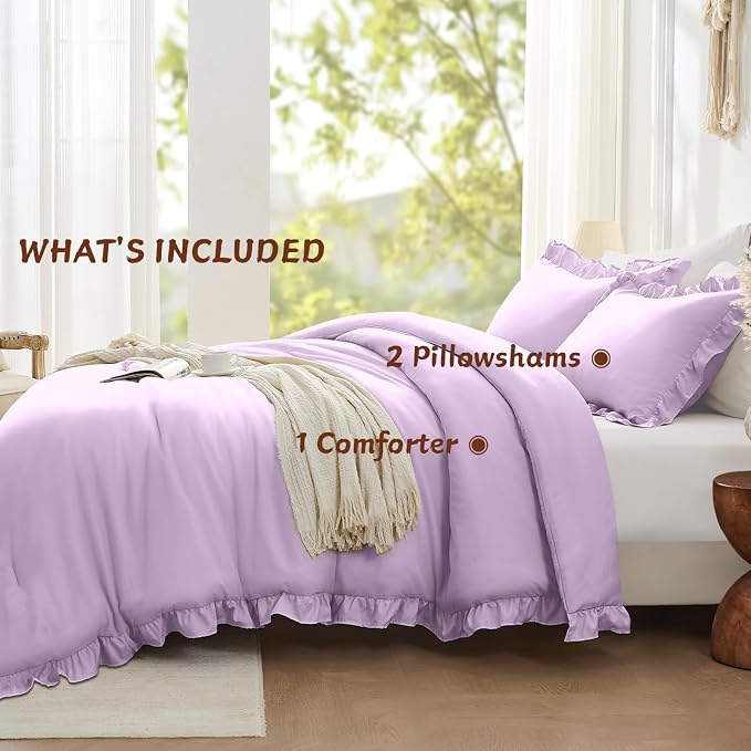 FUANNA King Size Comforter Set Lavender, 3 Pieces Ruffle King Bedding Set - Image 5