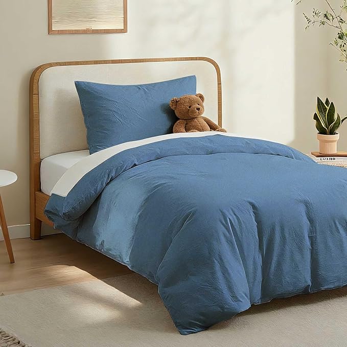 LOVQUE 100% Washed Cotton Duvet Cover Twin Size, Denim Blue Fade-Resistant - Image 2