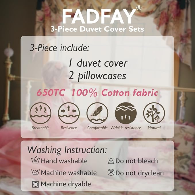 FADFAY Cotton Duvet Cover Set Full Size Blue Floral Bedding Set Super Soft - Image 9