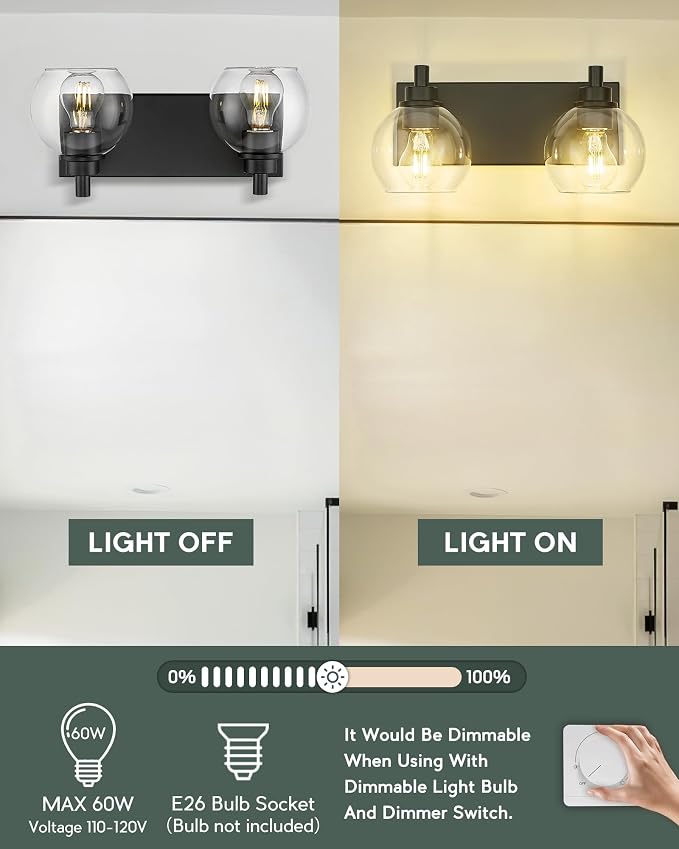 Bathroom Light Fixtures, 2 Light Matte Black Vanity Light, Modern Wall Sconces - Image 8