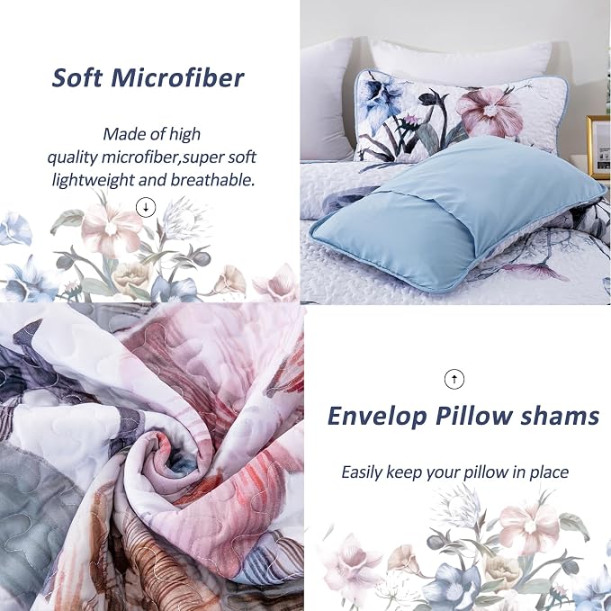 Floral Quilt Set King 3 Pieces Light Blue Floral Quilt Coverlet Set Soft - Image 6