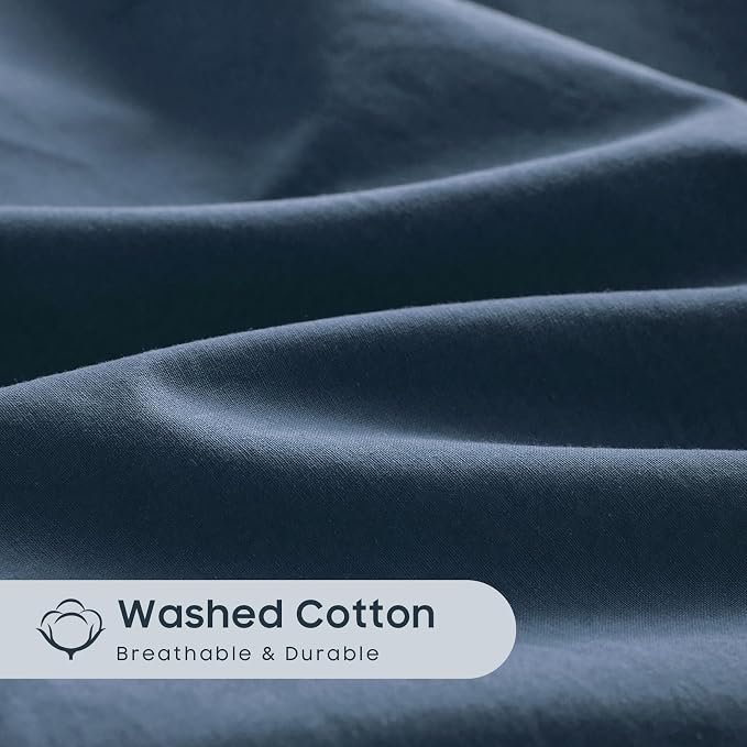 Wake In Cloud - Cotton Duvet Cover Set, Twin Size, Dark Navy Blue, 100% Washed - Image 6