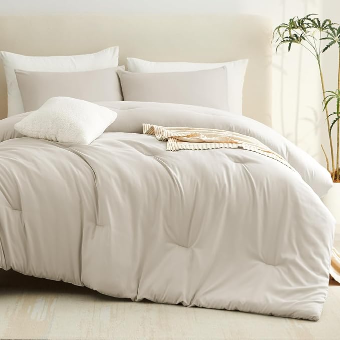 CozyLux King Size Comforter Set Oatmeal, 3 Pieces Solid Comforters King Size - Image 9