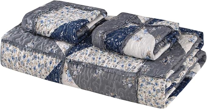 Full Queen Size Patchwork Quilt Set Grey Floral Reversible Quilted Bedspread - Image 8