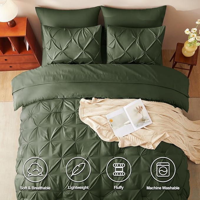CozyLux Full Size Comforter Sets Olive Green, 7 Pieces Pintuck Bed in A Bag - Image 2
