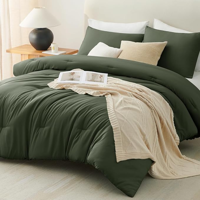 CozyLux Queen Comforter Set Dark Green, 3 Pieces Solid Comforters Queen Size - Image 9