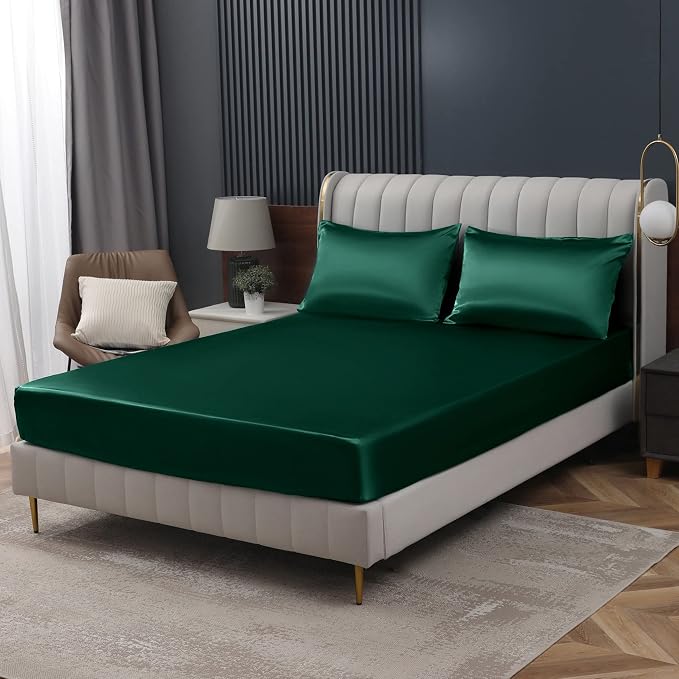 Homiest Blackish Green Satin Fitted Sheet King Size, Deep Pocket, Luxury & by Homiest