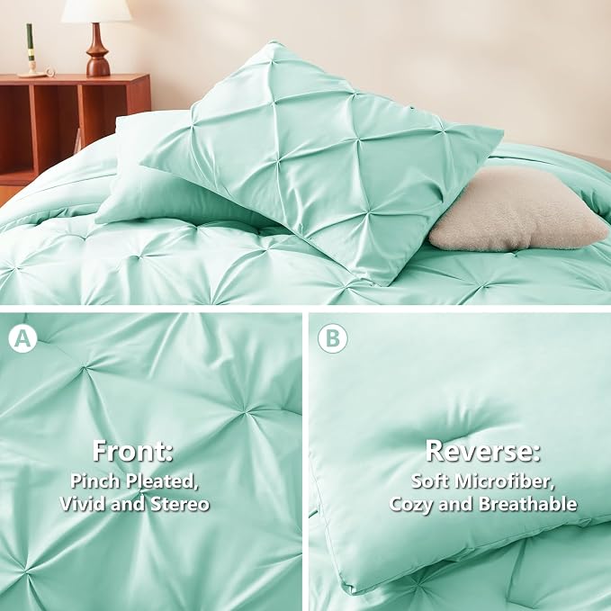 CozyLux Full Size Comforter Sets Mint Green, 7 Pieces Pintuck Bed in A Bag - Image 3