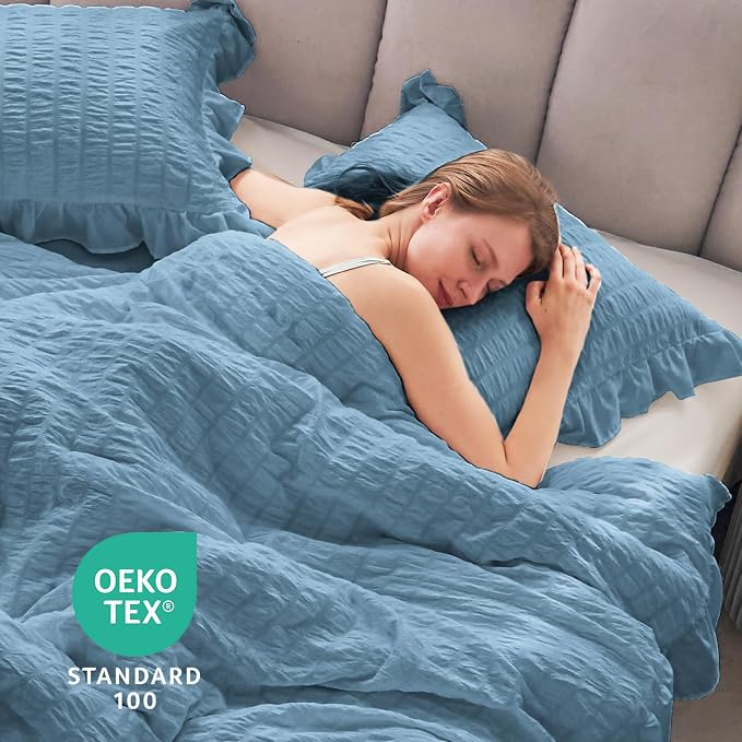 JOLLYVOGUE Full Size Comforter, 3 Pieces Sea Blue Seersucker Lightweight Full - Image 6