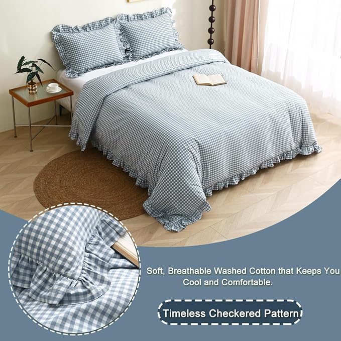Silnuo Light Blue/White Plaid Ruffle Duvet Cover King Size, 100% Washed Cotton - Image 2
