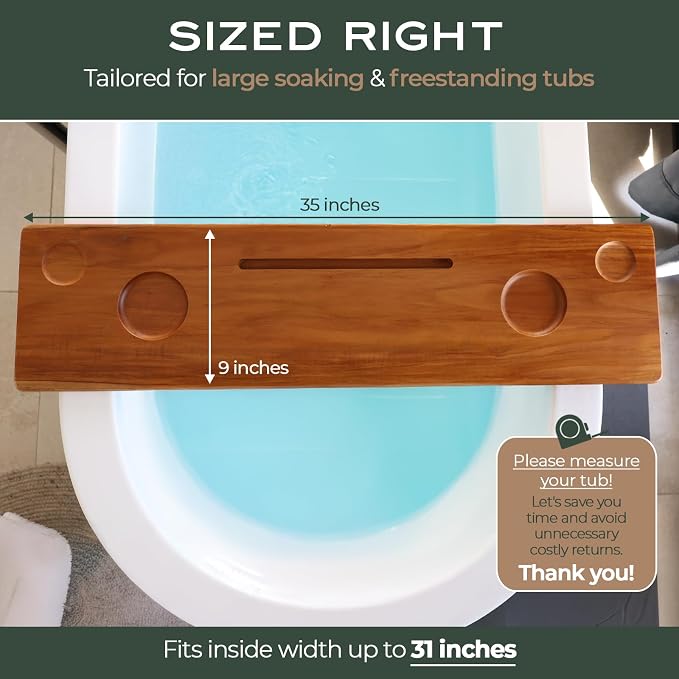 Teak Bathtub Tray for Tub 35” | Bath Tub Tray Wood for Large & Freestanding Tubs - Image 7