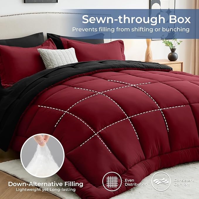 Sasttie Red & Black King Size Comforter Set, 7 Pieces Bed in a Bag King - Image 3