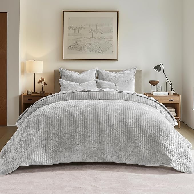 EVERGRACE Velvet Quilt Set King Size, Luxurious Soft Striped Channel Bedding Set by EverGrace