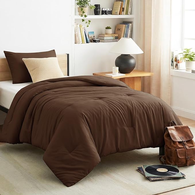 CozyLux Twin Comforter Set Brown, 2 Pieces Twin Extra Long Solid Breathable by CozyLux