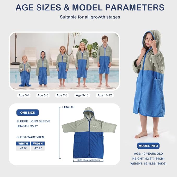 Hiturbo Kids Bath Towel Hoodie: Zipper Surf Poncho Long Sleeve Quick Dry - Image 2