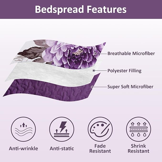 WONGS BEDDING Floral Quilt Set Purple Queen, Quilted Printed Lightweight - Image 6