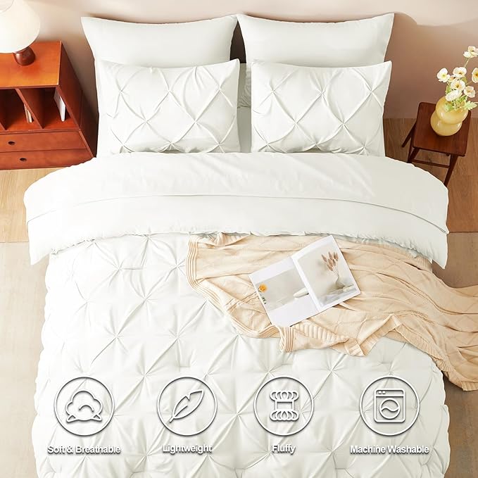 HIMEET Pintuck Bed in a Bag, 7 Pieces King Size Comforter Set Ivory, Luxury - Image 2