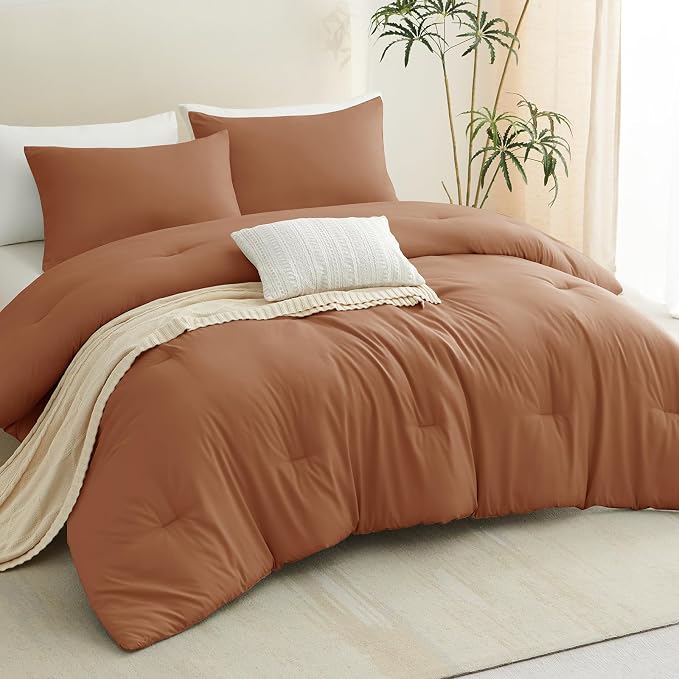 CozyLux Full Size Comforter Set Pumpkin, 3 Pieces Solid Breathable Quilted - Image 9