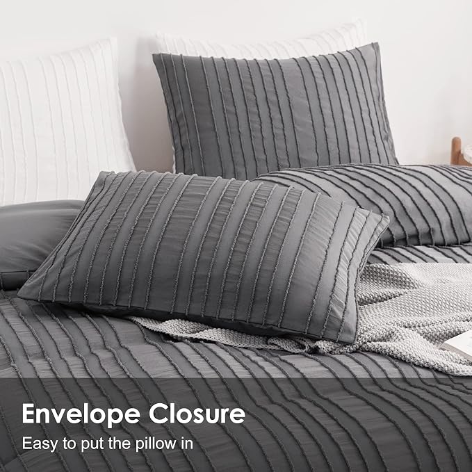 WARMDERN Gray Boho Duvet Cover Set, Striped Textured Tufted Bedding, Twin Size - Image 4