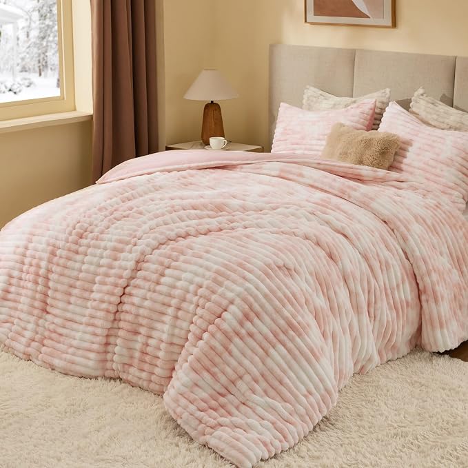 BEDELITE Fleece Queen Comforter Set -Super Soft & Warm Fluffy Pink&White Bedding - Image 2