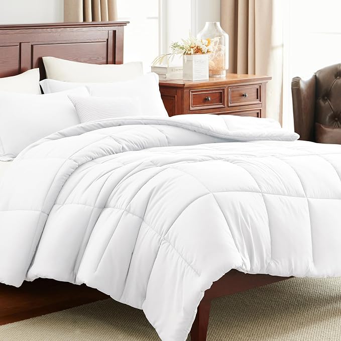 CozyLux Oversized Queen Comforter Set, 3 Pieces White 98x98 Box Stitched Design - Image 9