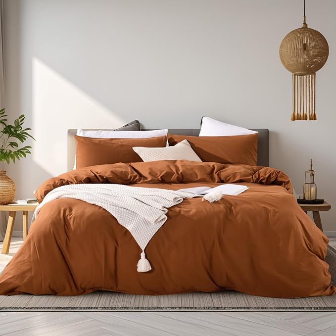 NEXHOME PRO Terracotta Burnt Orange Duvet Cover Set Queen Size Linen Textured - Image 2