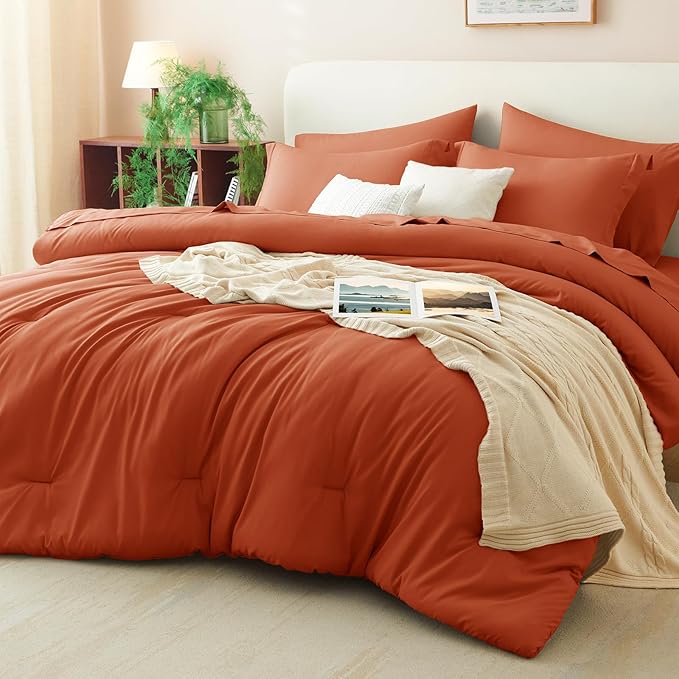 CozyLux Queen Comforter Set Burnt Orange, 7 Pieces Bed in a Bag Queen Size by CozyLux