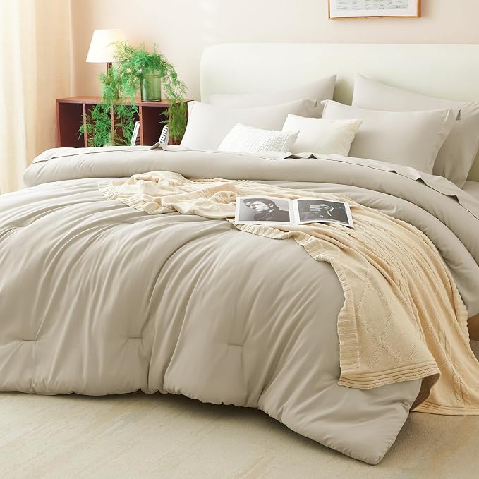 CozyLux King Size Comforter Set Oatmeal, 7 Pieces Bed in a Bag King Comforter by CozyLux