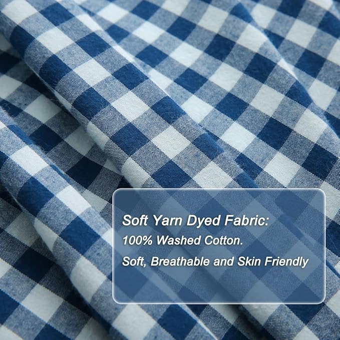 Silnuo Navy Blue/White Plaid Ruffle 3-Piece Duvet Cover Set Queen Size - Image 6