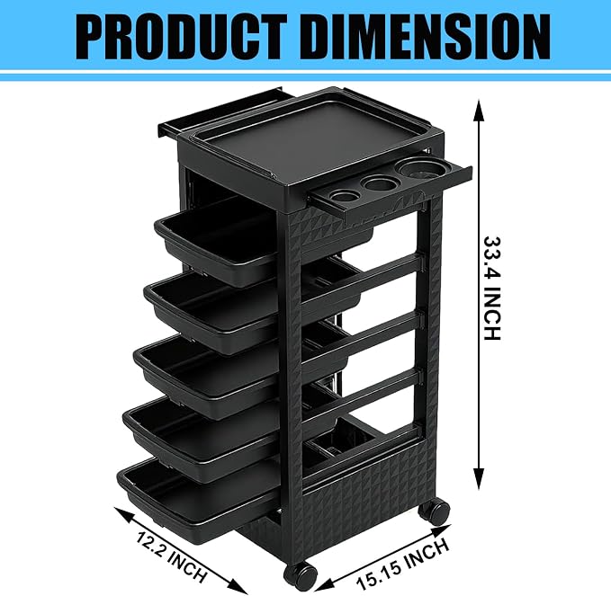 Salon Trolley Cart with Wheels & 5 Drawers, Salon Rolling Stations - Image 3