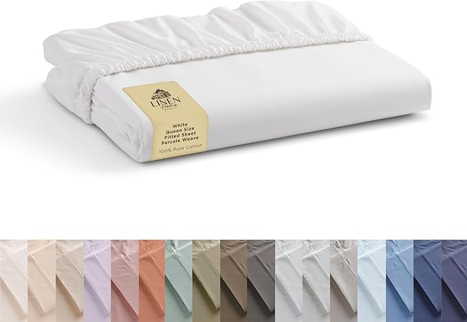 Linen Home 100% Cotton Percale Weave Fitted Sheet, Queen Size, 1 Deep Pocket by LINENHOME
