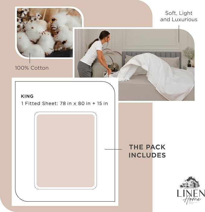 Linen Home 100% Cotton Percale Weave Fitted Sheet, King Size, Sand Shell - Image 6
