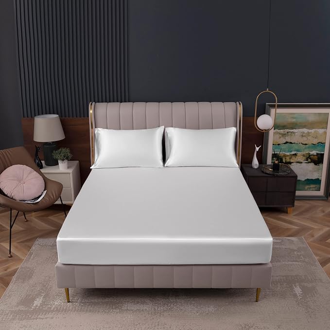 Homiest White Satin Fitted Sheet Queen Size, Deep Pocket, Luxury & Ultra Soft - Image 2