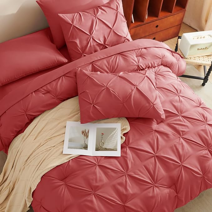 CozyLux King Size Comforter Set Coral, 7 Pieces Pintuck Bed in A Bag Coral - Image 4