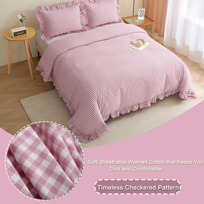 Silnuo Vintage Pink/White Plaid Ruffle 3-Piece Duvet Cover Set Full Size - Image 2
