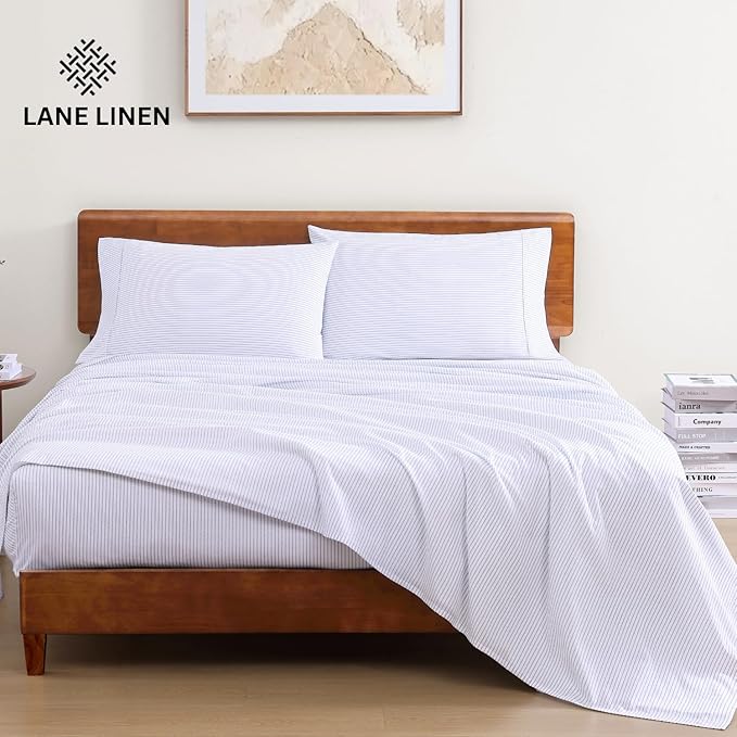 LANE LINEN 100% Organic Printed Cotton Sheets Twin Size, Classic Ticking Stripe - Image 2