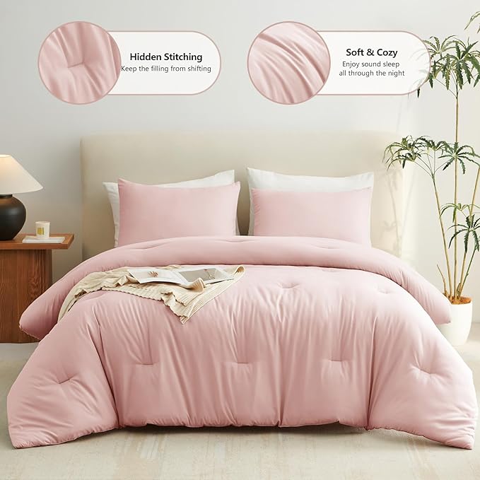 CozyLux King Size Comforter Set Blush Pink, 3 Pieces Solid Comforters King Size - Image 2