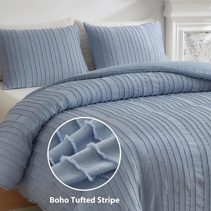 WARMDERN Blue Tufted Duvet Cover Set Queen Size, Striped Textured Duvet Cover - Image 2