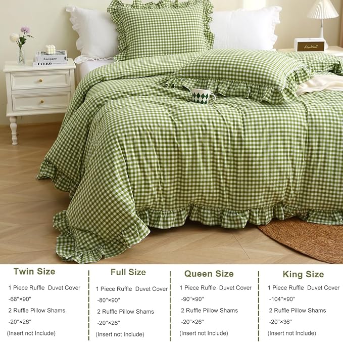 Silnuo Olive Green/White Checkered Ruffle 3-Piece Duvet Cover Set Full Size - Image 4