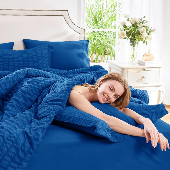 CozyLux Queen Comforter Set Classic Blue Seersucker 7 Pieces Bed in a Bag Queen - Image 7