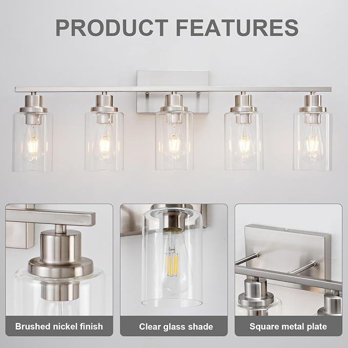 5 Light Bathroom Light Fixtures Brushed Nickel Vanity Light Over Mirror Modern - Image 7