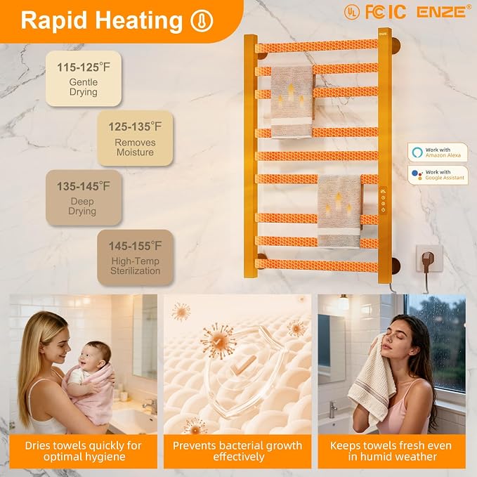 ENZE Smart Heated Towel Rack, 9-Bar Wall-Mounted Electric Towel Warmer 230W - Image 3