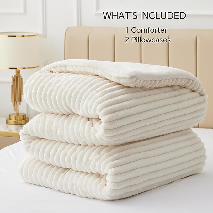BEDELITE Fleece Queen Comforter Set -Super Soft & Warm Fluffy Cream White - Image 6