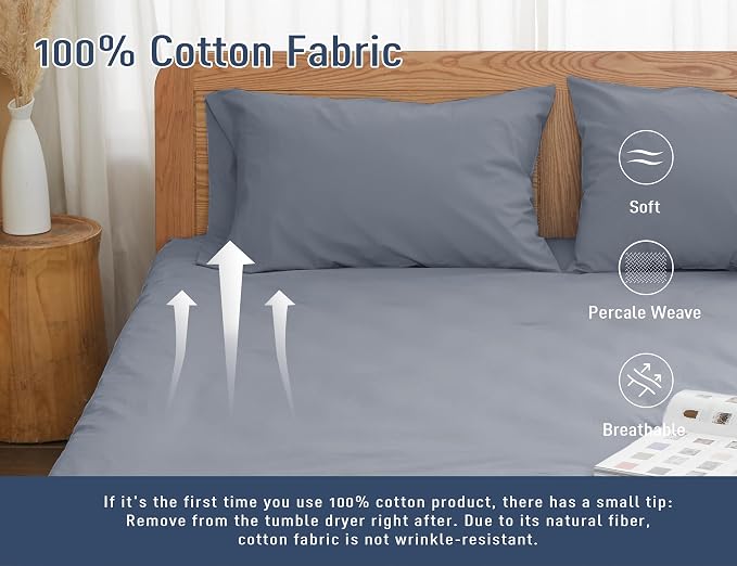 Pillow Cases, King Size Cotton Percale Weave Pillowcases, Pre-Shrunk Breathable - Image 4