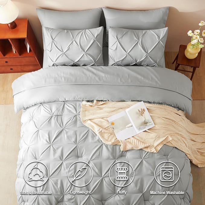 CozyLux Twin XL Comforter Set Light Grey, 5 Pieces Twin Extra Long Pintuck Bed - Image 2