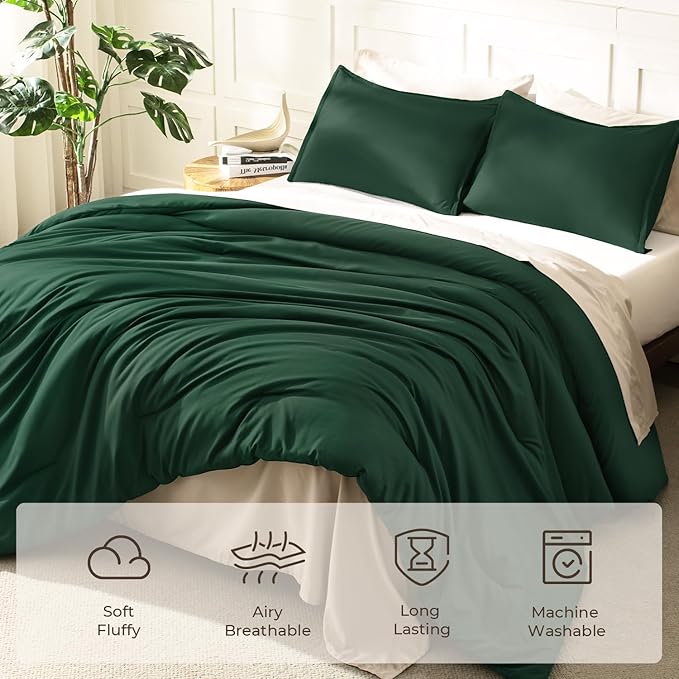 Litanika Dark Emerald Green King Comforter Set, 3 Pieces Solid Forest Bedding - Image 3