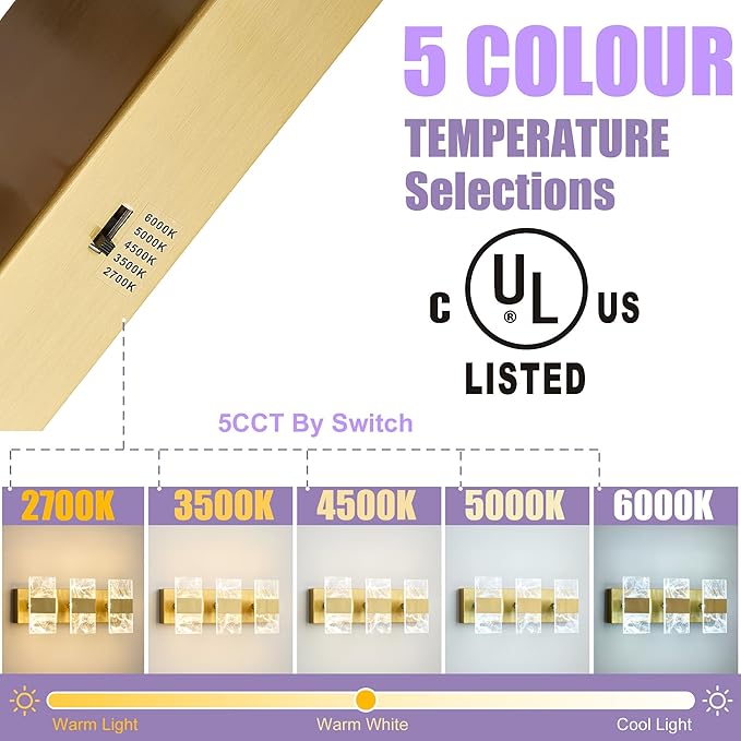 Modern LED Bathroom Light Fixtures Dimmable 3-Light Gold Vanity Light, 5CCT - Image 3