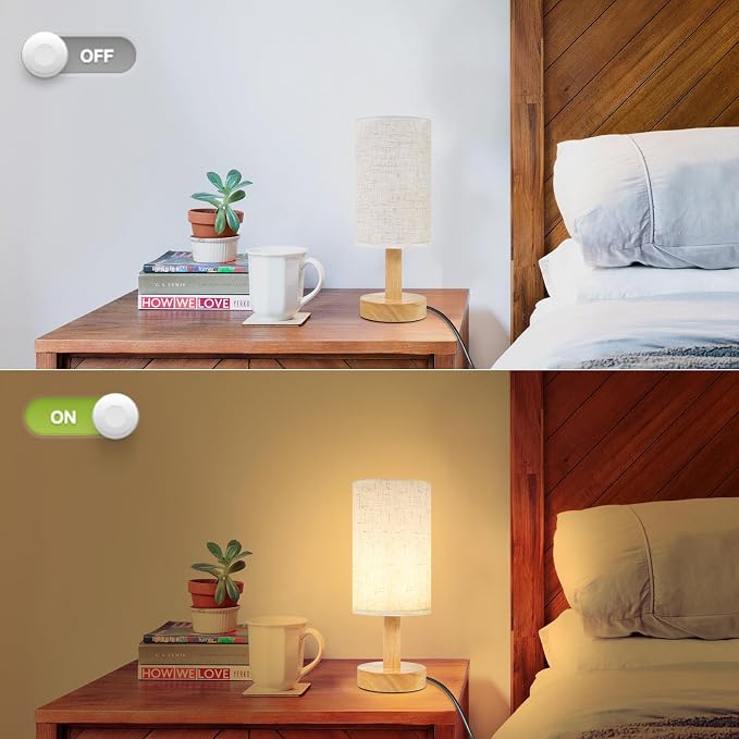 Small Bedside Table Lamp for Bedroom, Natural Round Wood Base&Fabric Linen Shade - Image 5