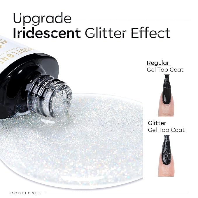 modelones Glitter Gel Top Coat, Reflective Iridescent Silver Mix Glitter - Image 2